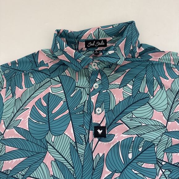 Bad Birdie Polo Shirt Medium Floral Hawaiian Performance Golf Leaves Aloha - Picture 2 of 10